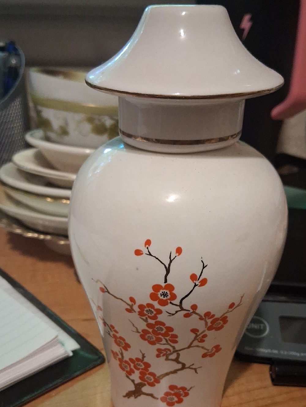 Avon White Bath Soak Bottle with Orange Floral Design and Gold Trim